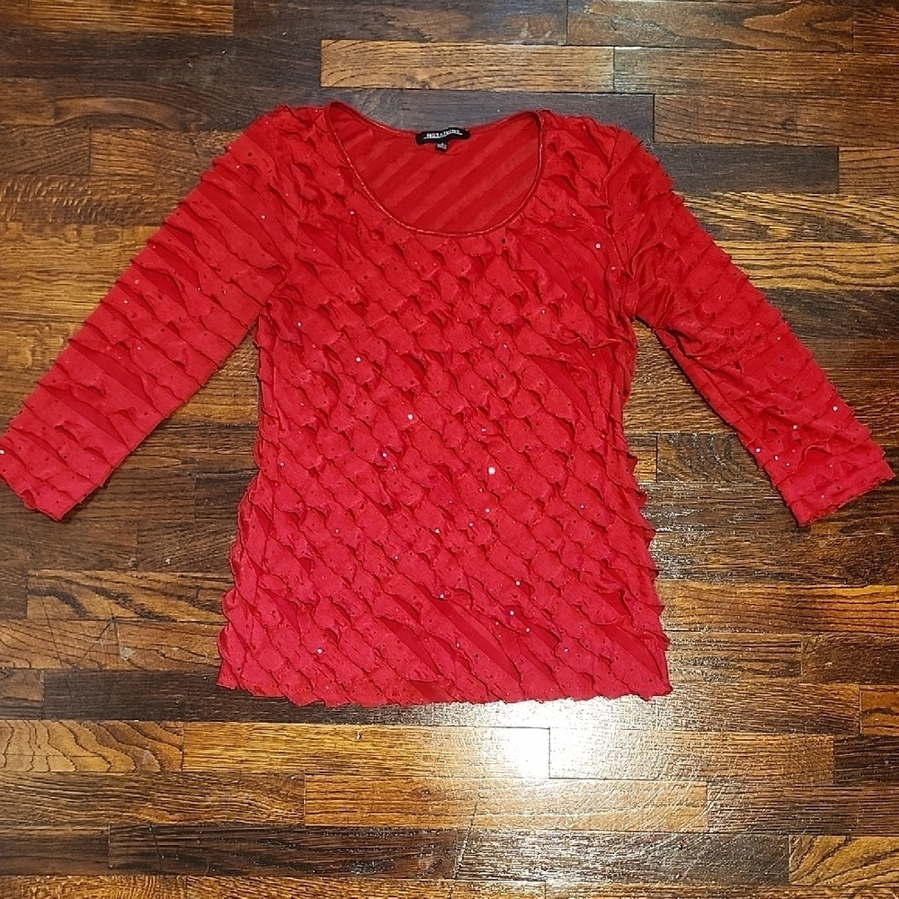 Notations Red Ruffled Sparkle 3/4 Sleeve Blouse